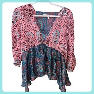 Floret Pink Teal Silk Paisley Print V Neck Long‎ Sleeves Boho Blouse Top